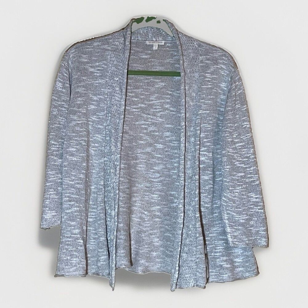 Eileen Fisher Cardigan L Oatmeal Linen Blend Open Front 3/4 Sleeve Lagenlook